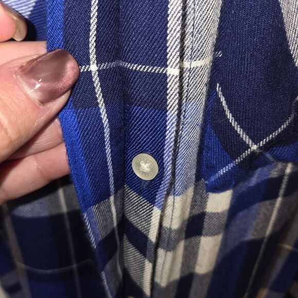 Express Boyfriend Blue Plaid Tab-Sleeve Button-Up Blouse, Size Small - Picture 6 of 8